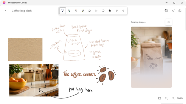 Microsoft Ink Canvas app showing handwritten sketches and an AI-generated image