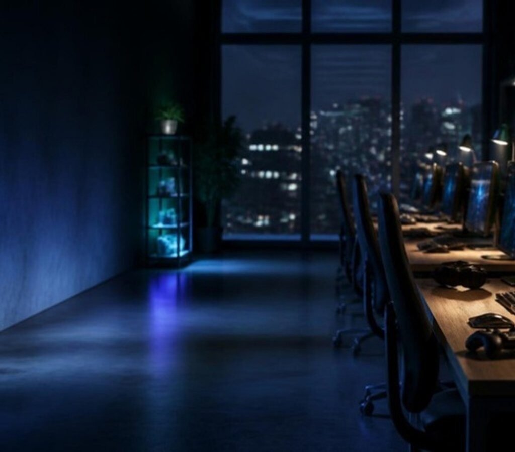 Empty video game studio at night with glowing monitors, after the Xbox studio restructuring