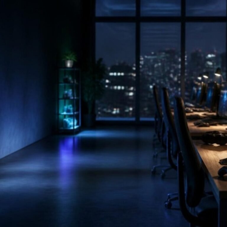 Empty video game studio at night with glowing monitors, after the Xbox studio restructuring